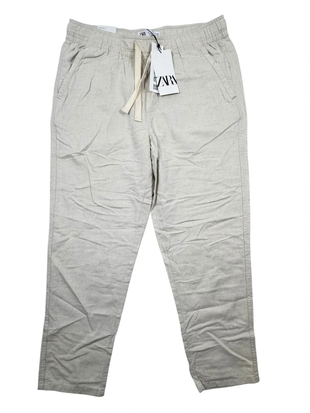 Zara Beige Linen blend relaxed fit beach tie waist pants size Large NWT